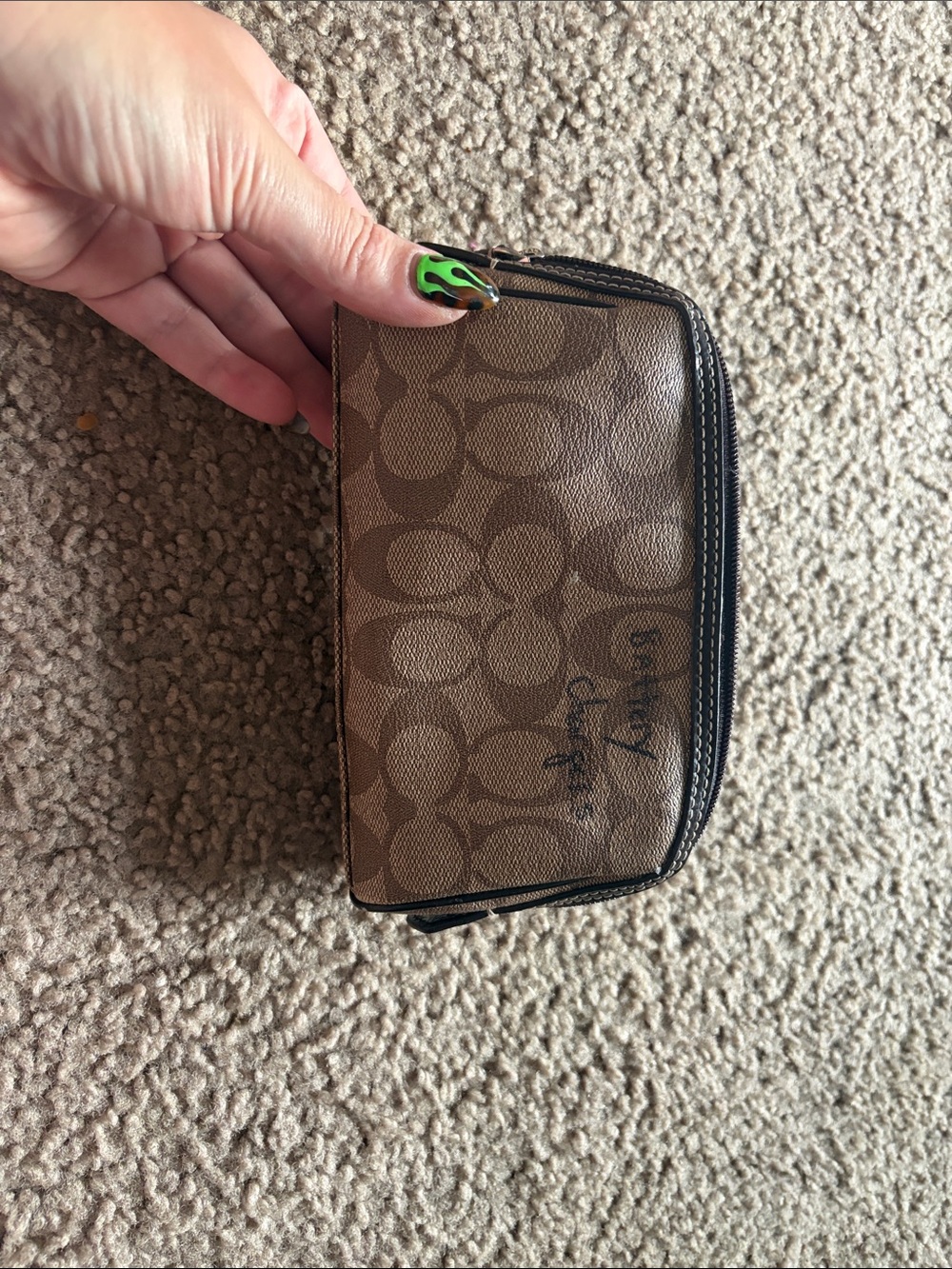 B2 Coach Brown Signature Zip Pouch with Black Trim, flaw